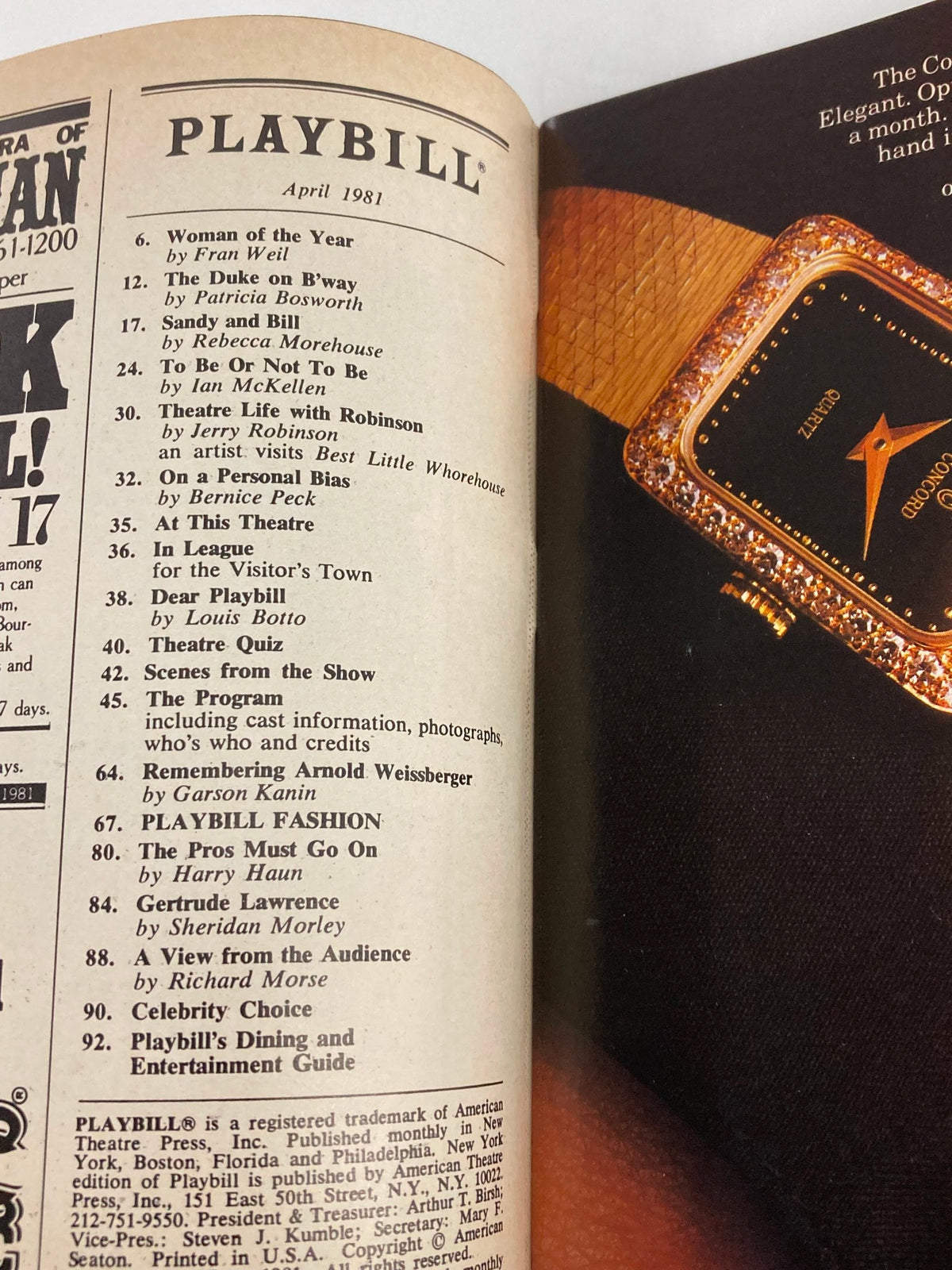 Inside the April 1981 Playbill for Amadeus at the Broadhurst Theater, listing various performances and articles, highlighting Ian McKellen's work.