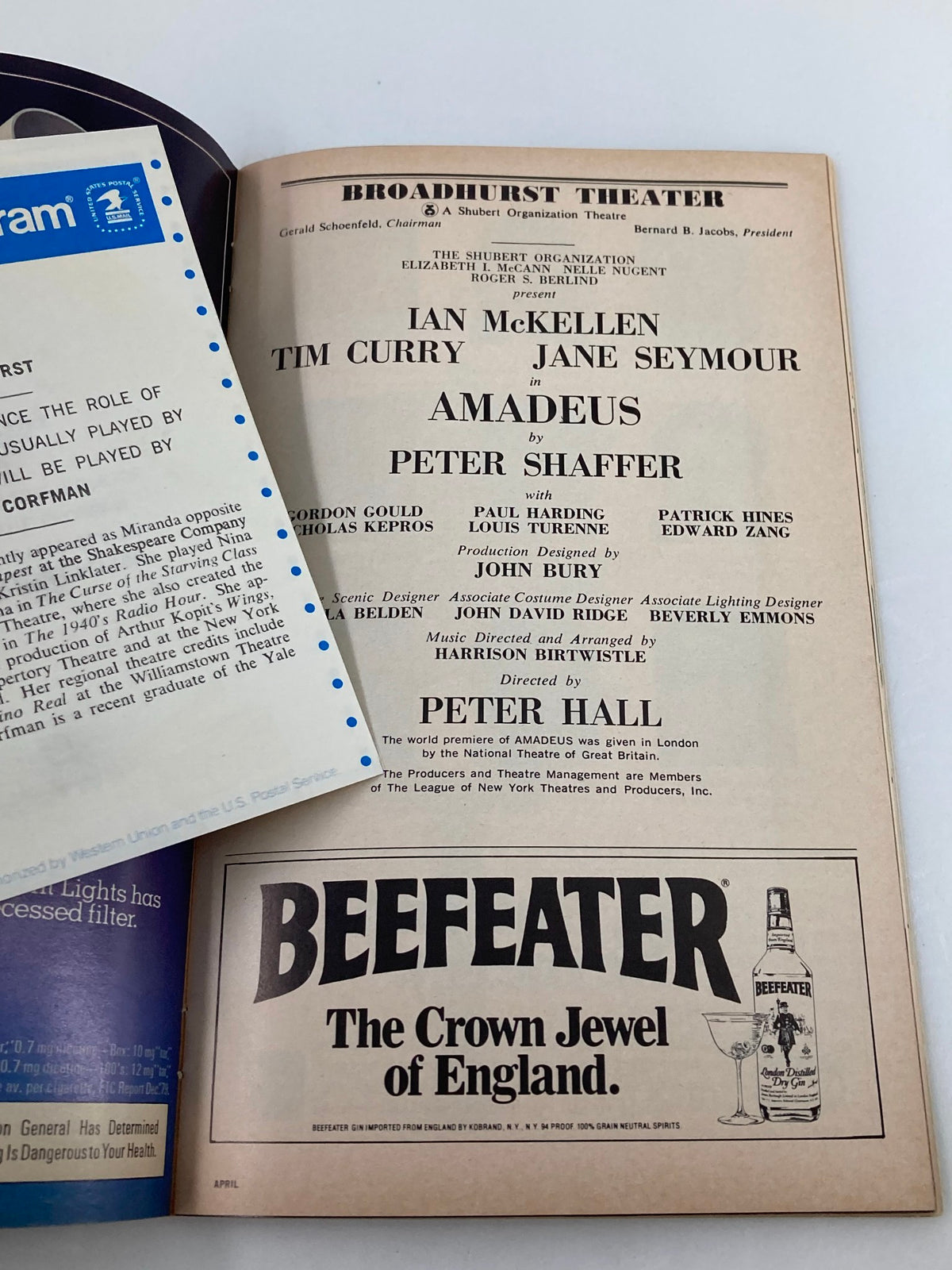 Page from the 1981 Playbill for Amadeus at the Broadhurst Theater, including casting details for Ian McKellen, Tim Curry, and Jane Seymour, alongside advertisements.