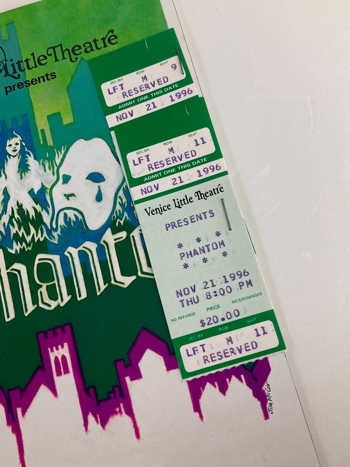 1996 Souvenir Program Venice Little Theatre Phantom Book by Arthur Kopit featuring reserved tickets for the play, showcasing green and white ticket design with event details.