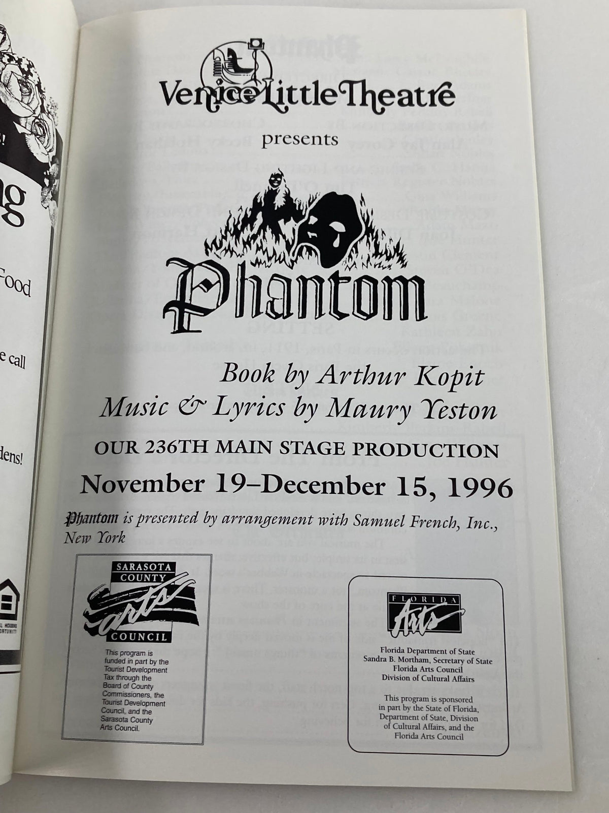 1996 Souvenir Program Venice Little Theatre Phantom Book by Arthur Kopit displaying the program's inside page with production details including the book by Arthur Kopit and performance dates.