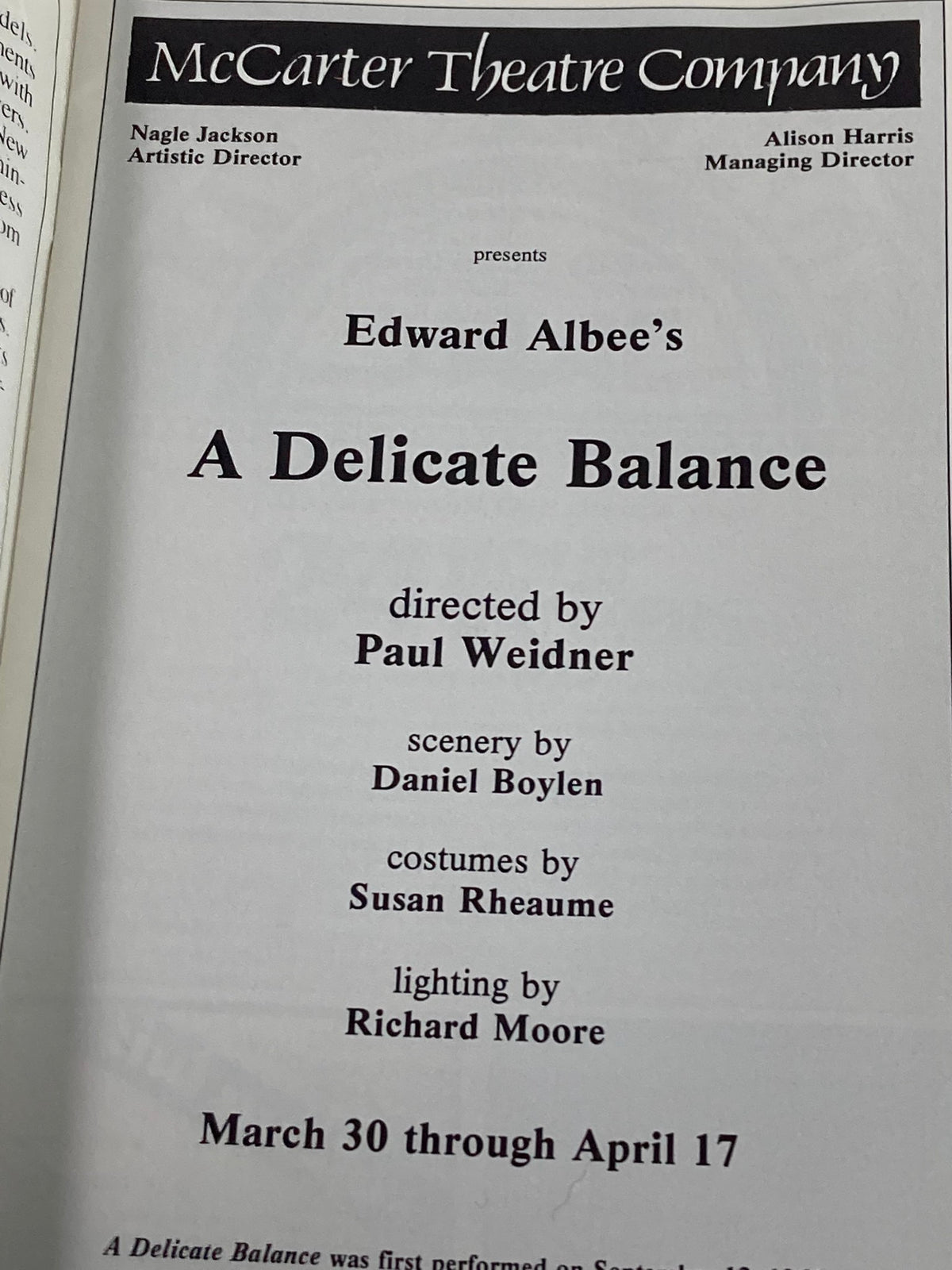 Inside page of the 1983 Souvenir Program for A Delicate Balance, McCarter Theatre Company displaying cast and crew details, including directors and designers.