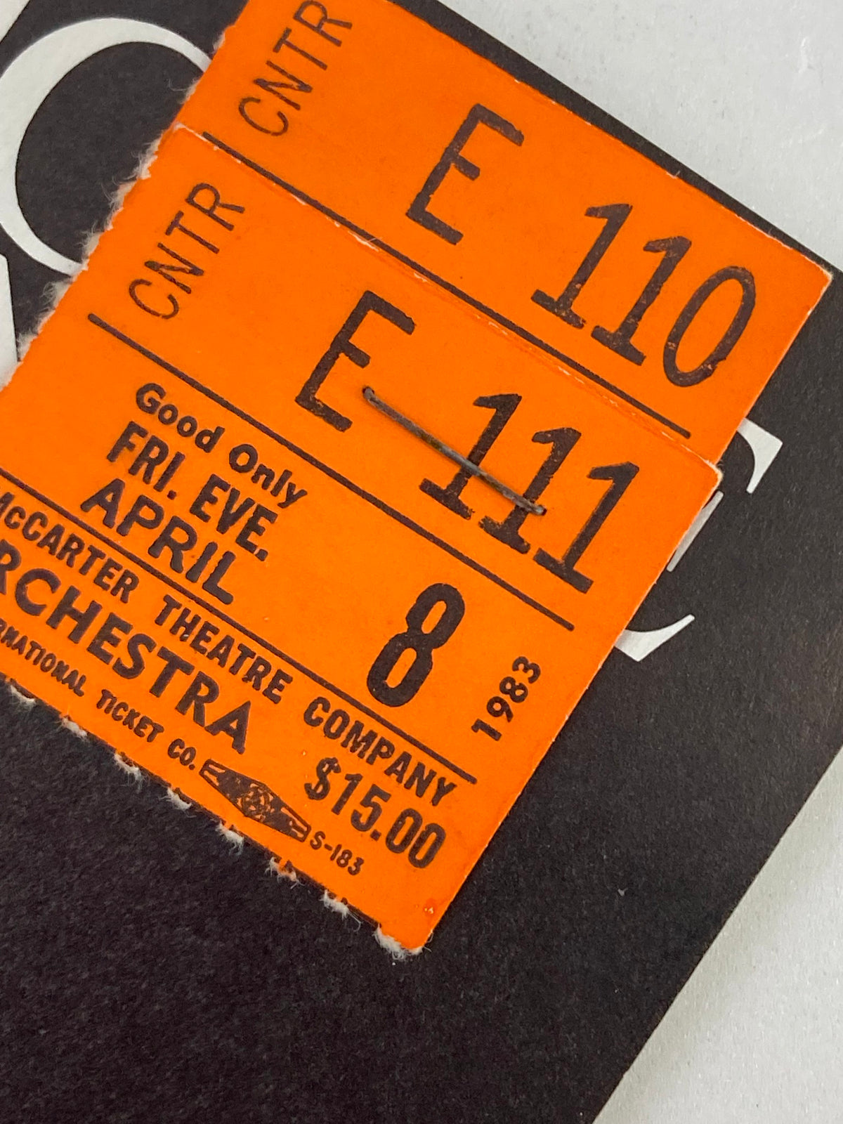 Ticket stub from the 1983 performance of A Delicate Balance at McCarter Theatre Company, showcasing date and pricing details.
