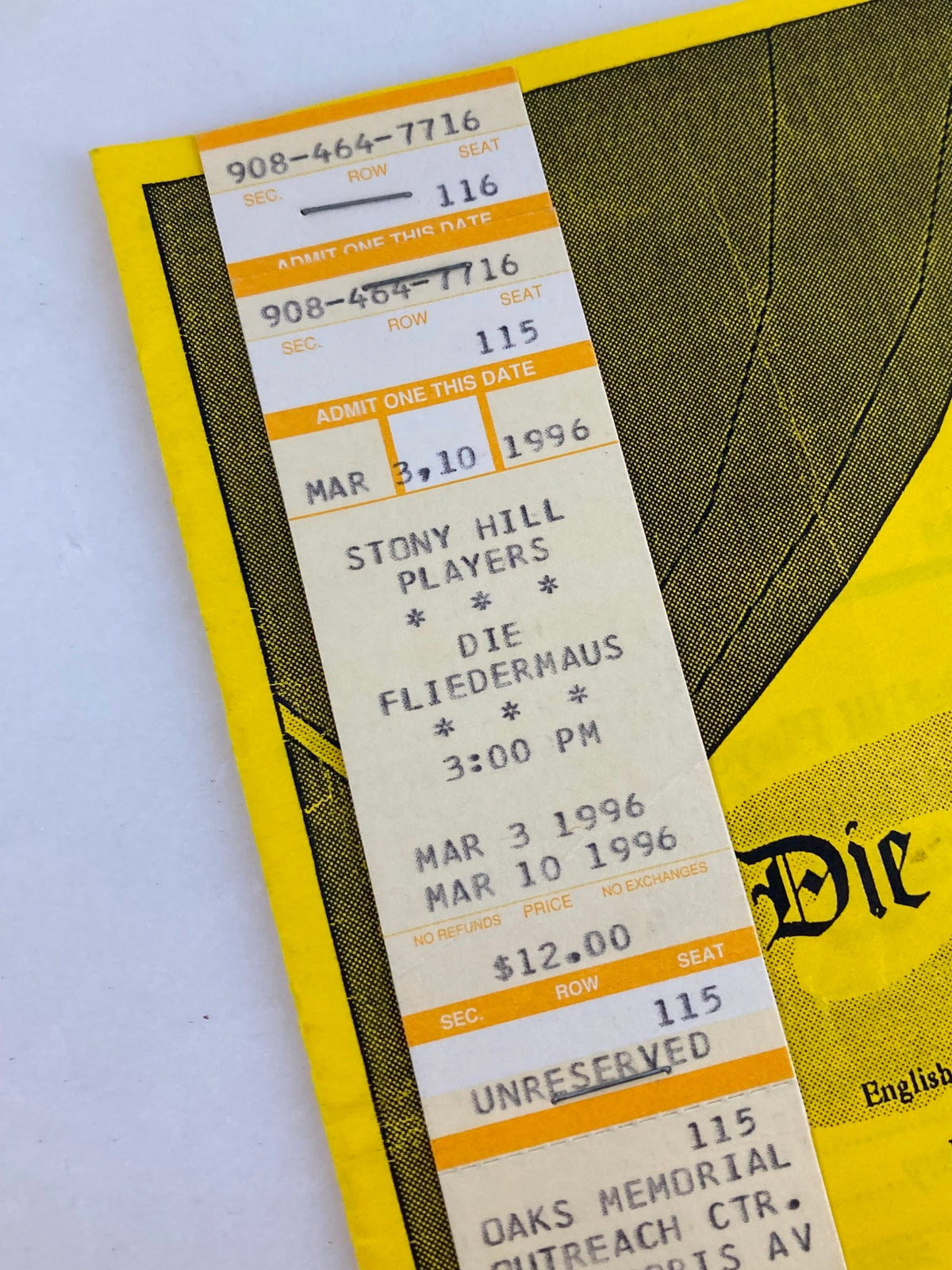 Close-up of a ticket from the 1996 Stony Hill Players production of Die Fledermaus, dated March 10, 1996.
