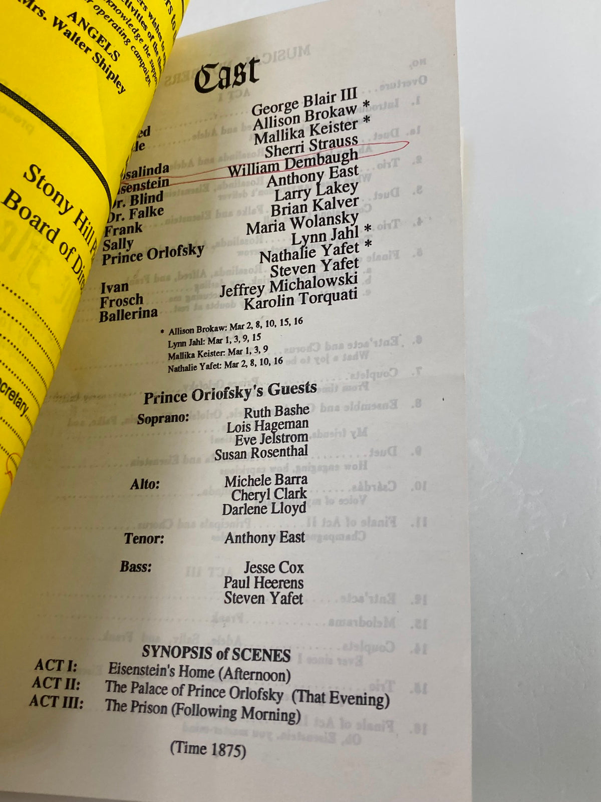 Program page from the 1996 Stony Hill Players performance of Die Fledermaus, listing the cast and crew details.