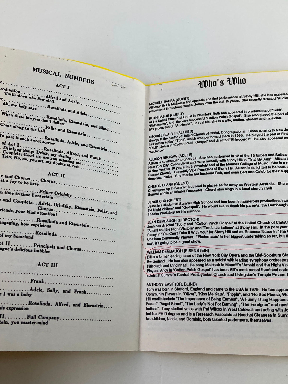 Inside page from the 1996 Stony Hill Players program for Die Fledermaus, featuring musical numbers and acknowledgments.