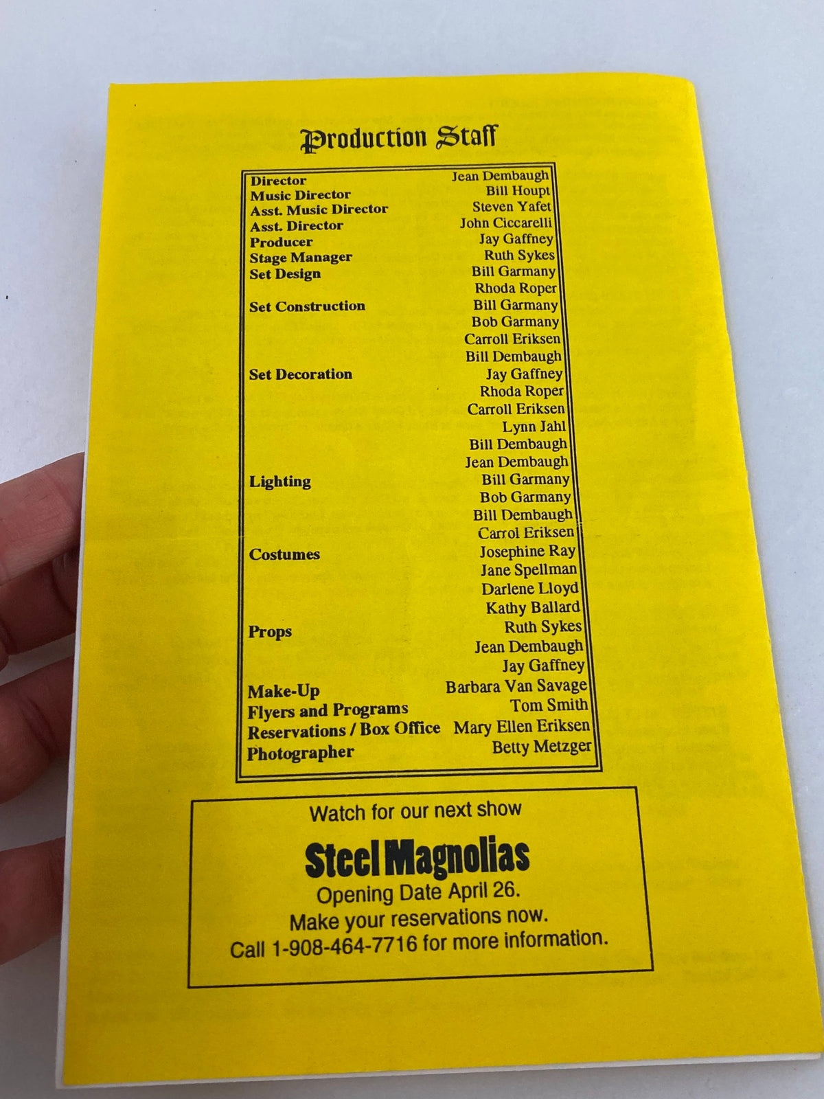 1996 Stony Hill Players Program featuring production staff list, highlighting roles for the performance of Die Fliedermaus.