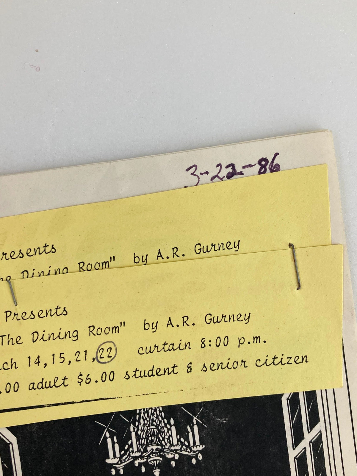 Close-up of the 1986 Knights of Columbus Hall program for 'The Dining Room' by A.R. Gurney, highlighting the event's dates and ticket information.