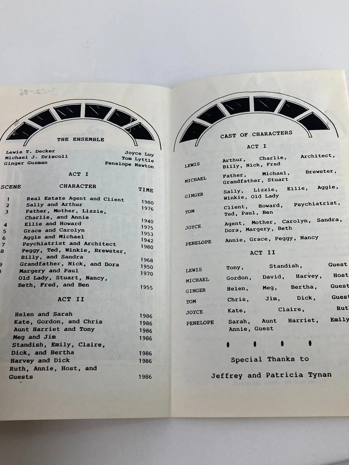 Inside pages of the 1986 Knights of Columbus Hall program for 'The Dining Room' by A.R. Gurney, displaying the ensemble cast and character list.