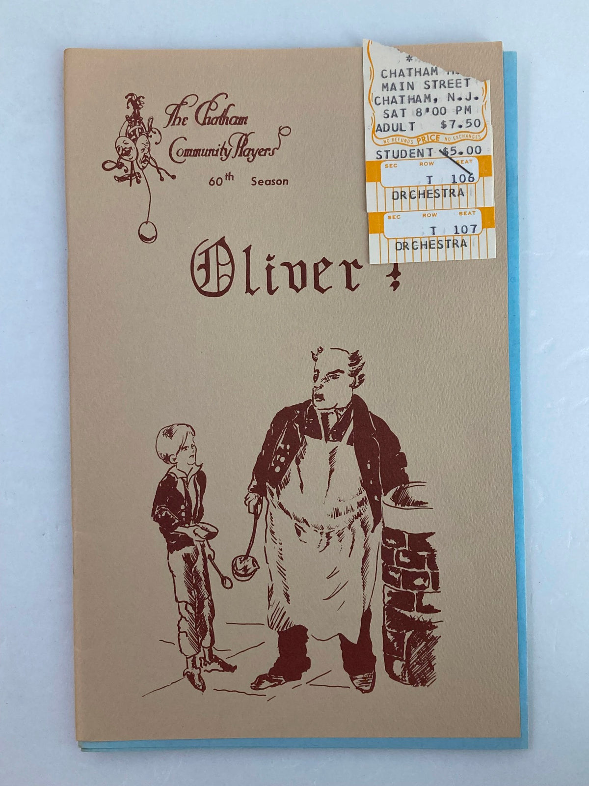 1981 The Chatham Community Players Program for Oliver! featuring a cover illustration with a character and a boy, and a ticket stub attached at the top. Good condition with minor wear, includes plastic protective covering.