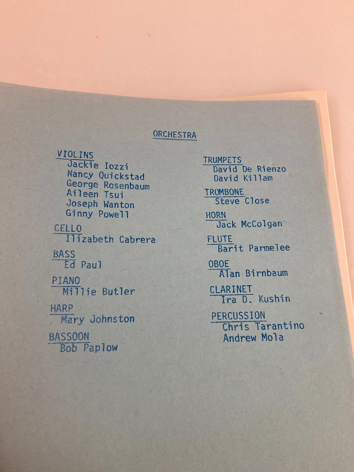 1981 The Chatham Community Players Program featuring the orchestra list including violins, cello, bass, harp, and other instruments from the play Oliver!