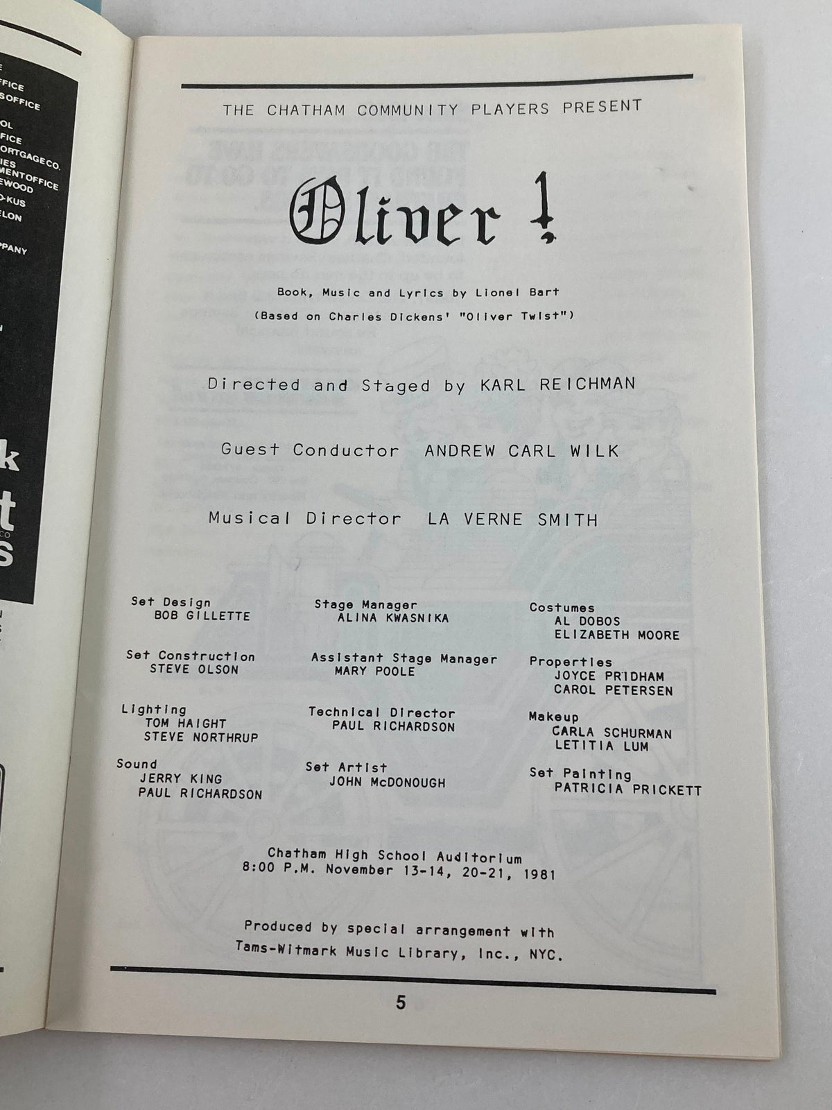 1981 The Chatham Community Players Program page showcasing production details of Oliver!, directed by Karl Reichman, including set design and cast credits.