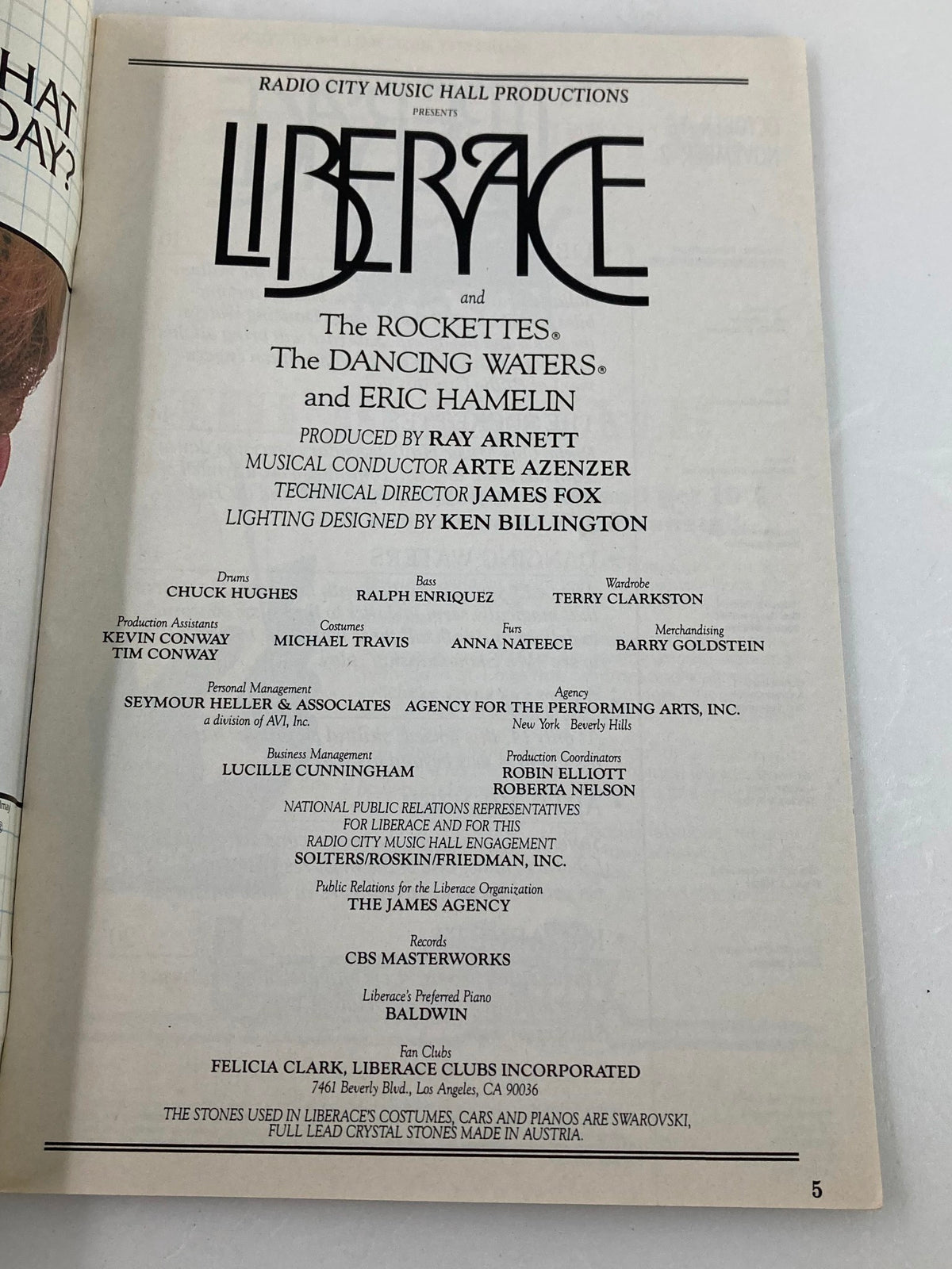 Inside page of the 1986 Radio City Music Hall Program listing the names of performers including Liberace, The Rockettes, and other contributors.