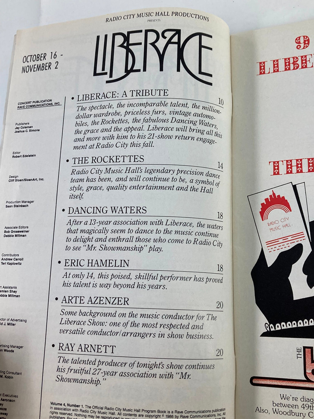 Another interior page of the 1986 Radio City Music Hall Program detailing the show schedule and featuring highlights of Liberace and the performances.