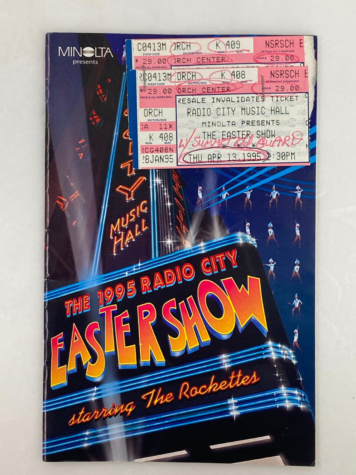 1995 Radio City Music Hall The Rockettes & Gregg Burge in Easter Show Playbill featuring ticket stubs and artwork, showcasing vibrant colors and design.