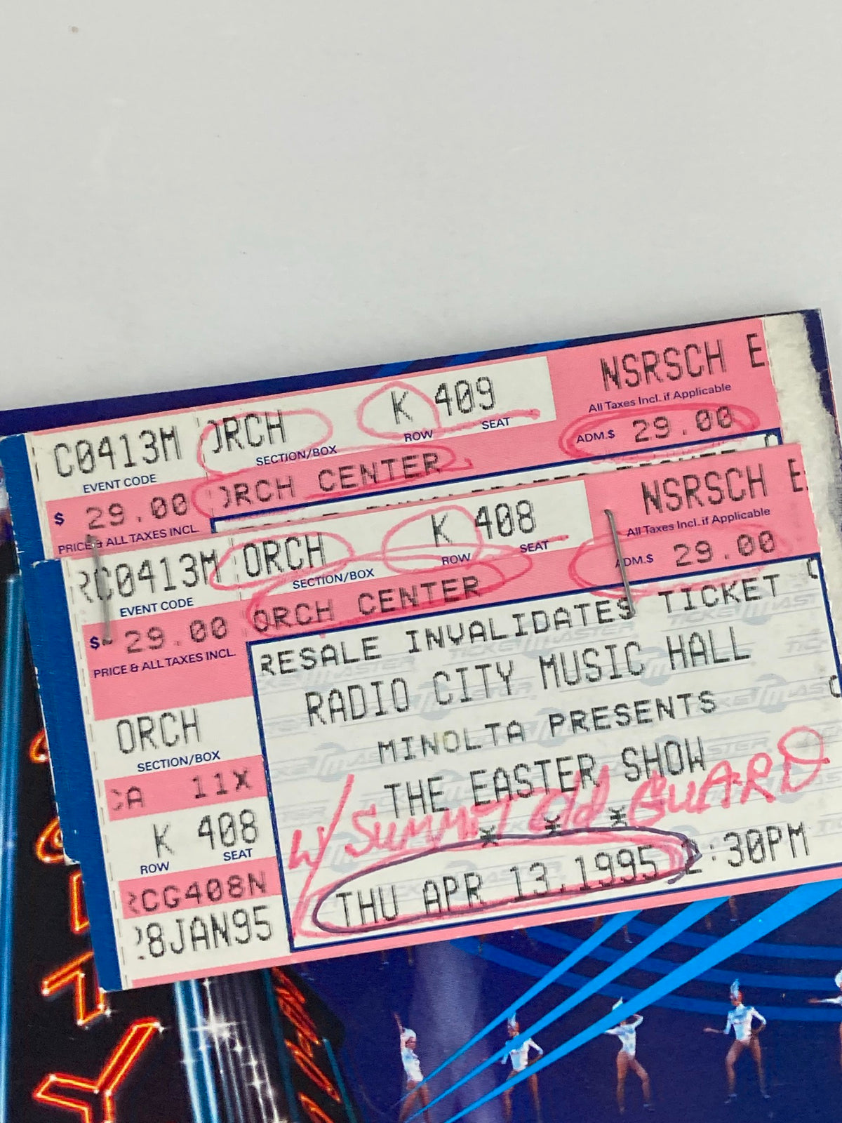 1995 Radio City Music Hall The Rockettes & Gregg Burge in Easter Show, featuring two ticket stubs labeled with seats and prices, showcasing the date April 13, 1995.