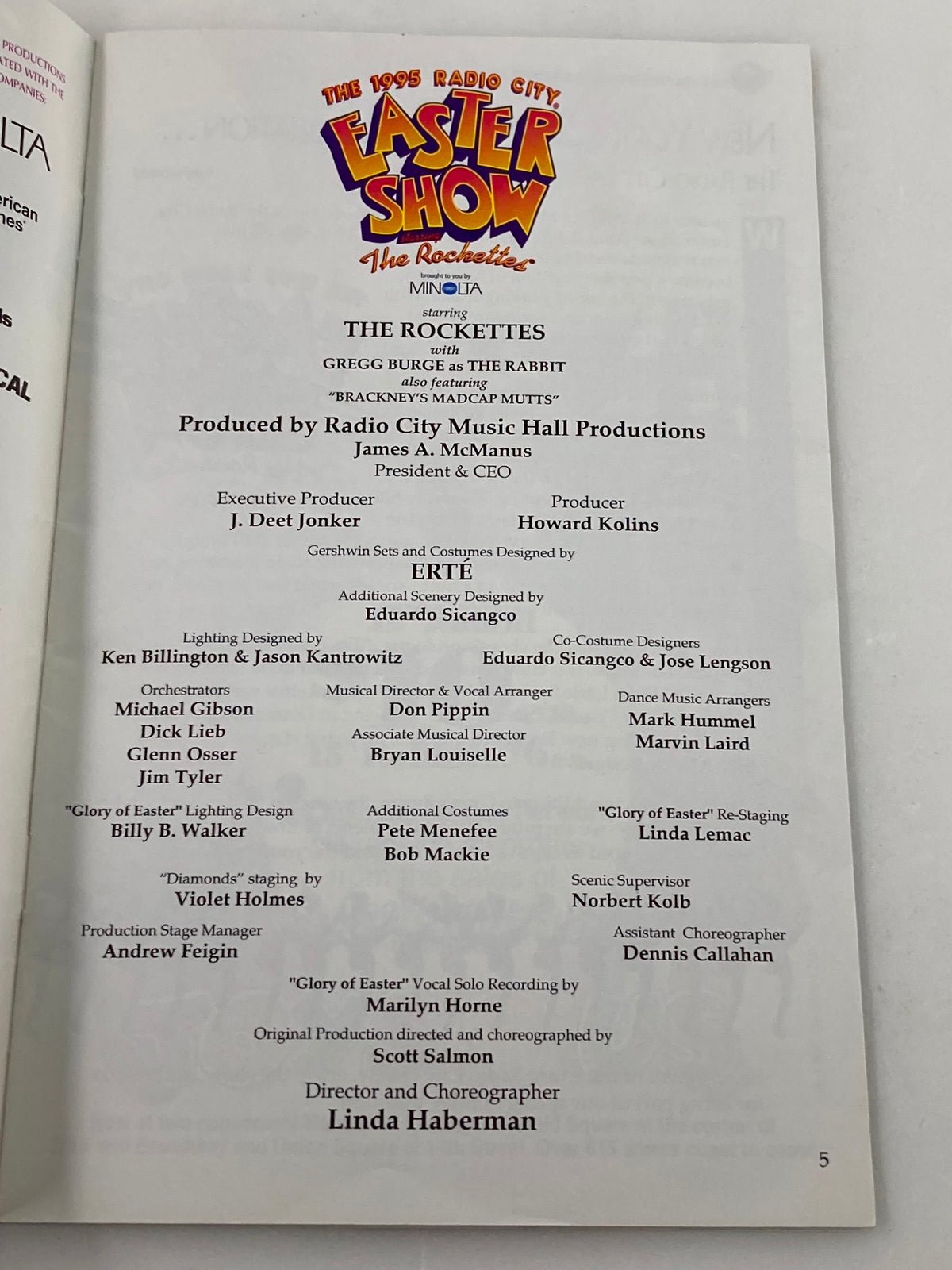 1995 Radio City Music Hall The Rockettes & Gregg Burge in Easter Show, displaying the Playbill cover for the performance with key production credits and team members listed.