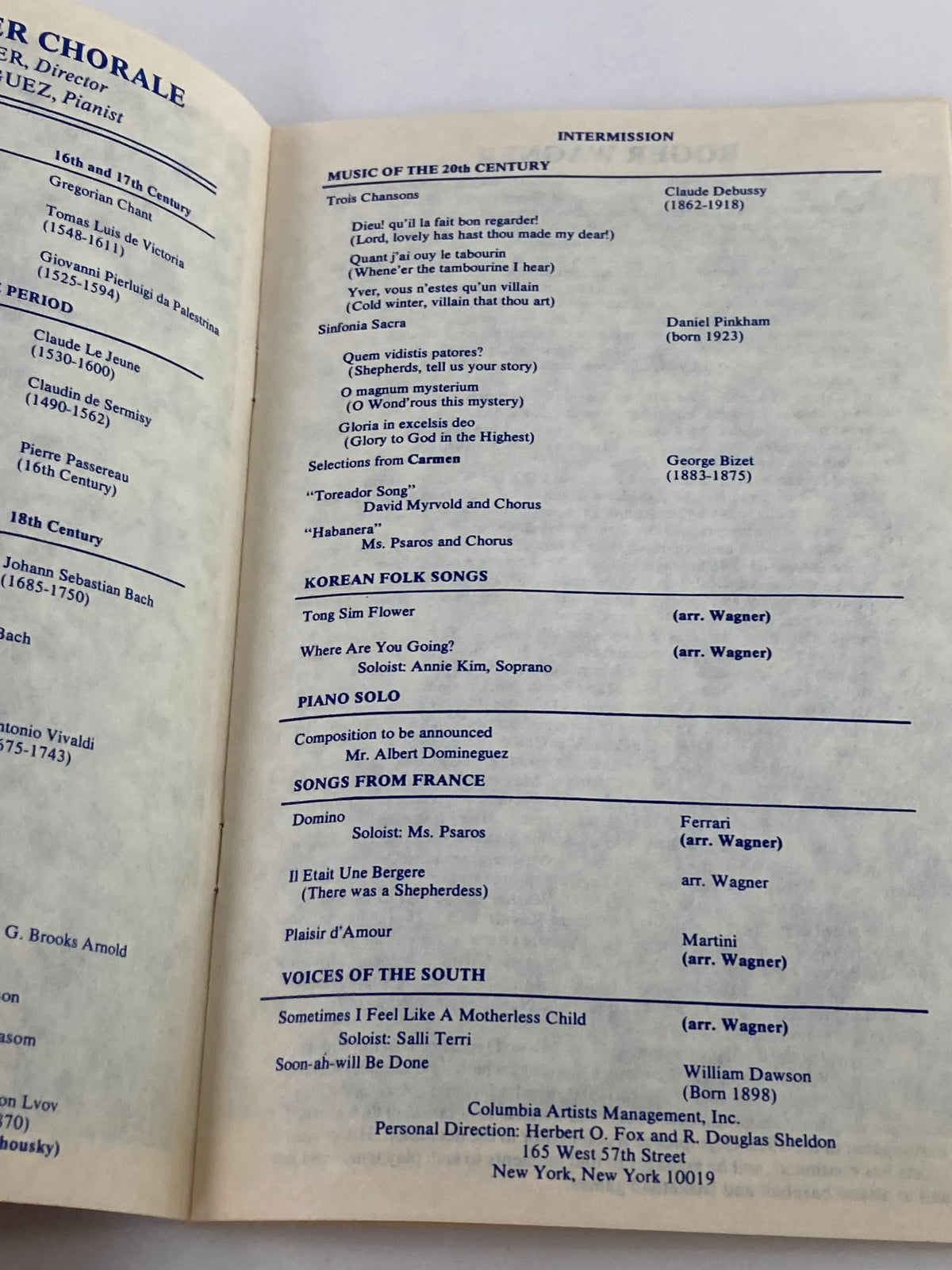 1983 Chatham Township High School Auditorium The Roger Wagner Chorale program listing music pieces performed, including works by Debussy and Bizet.