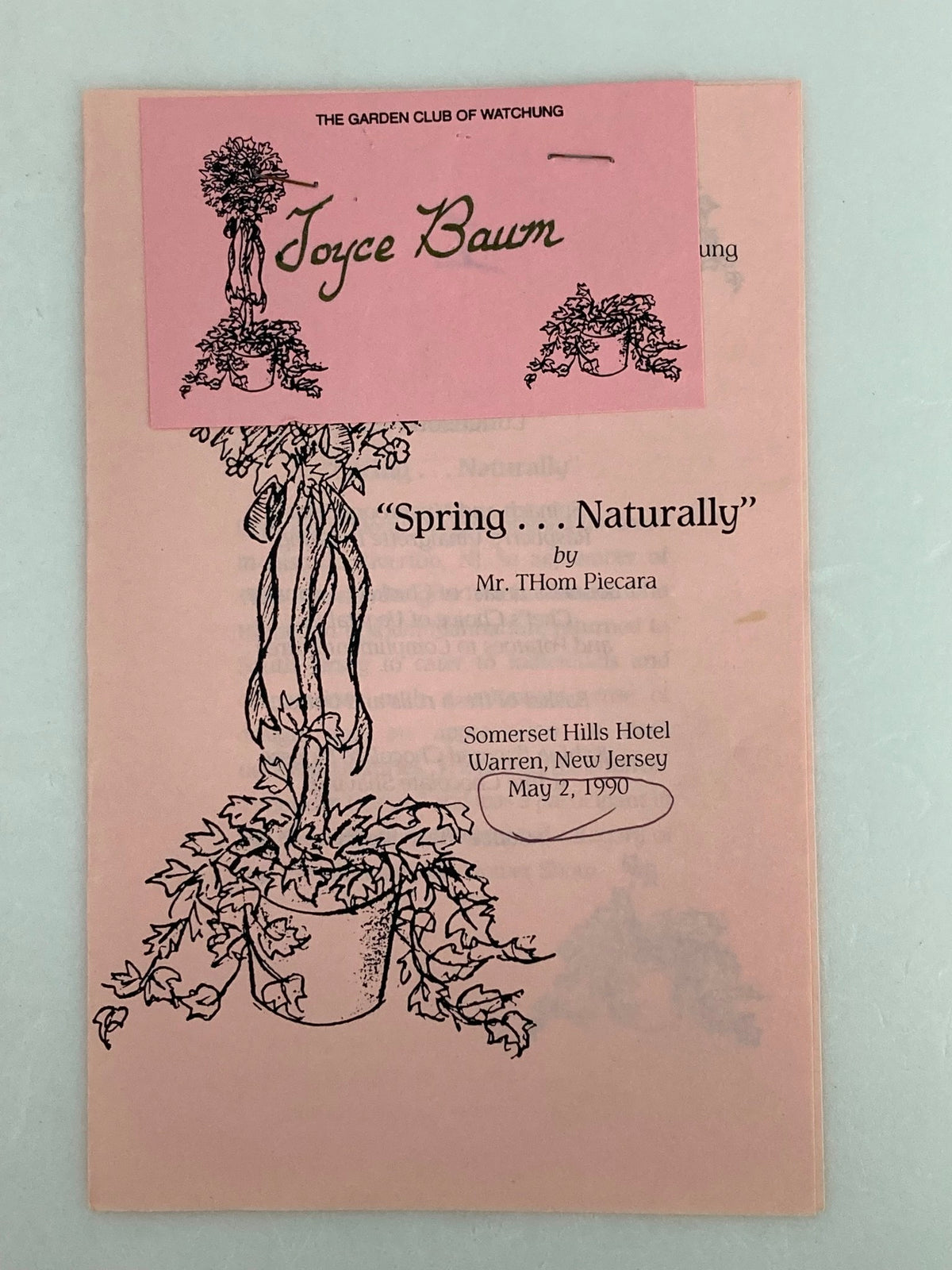 Cover of '1990 The Garden Club of Watching Spring Naturally' by Mr. Thom Piecera, featuring floral illustrations and the name Joyce Baum.