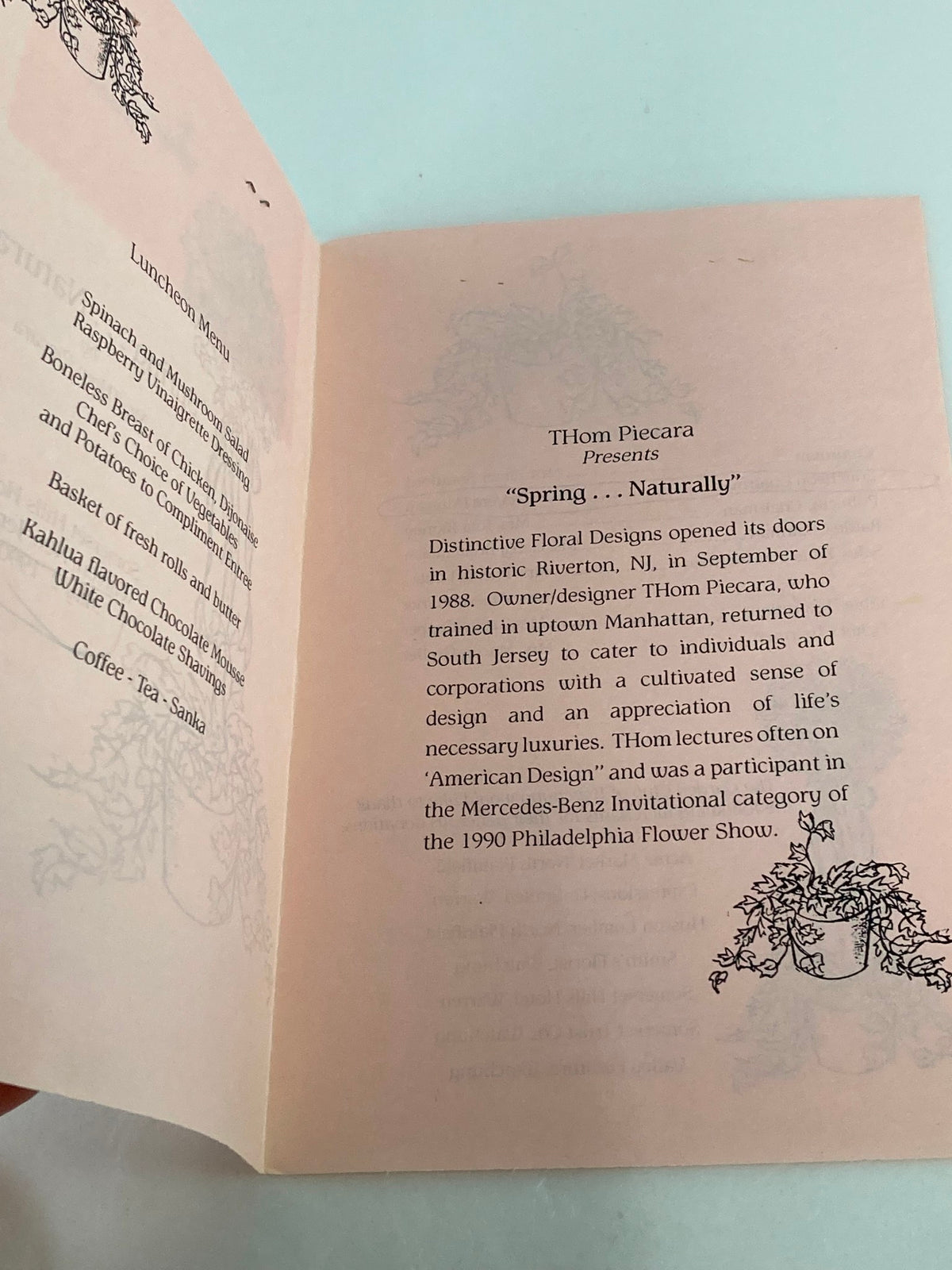 Inside page of '1990 The Garden Club of Watching Spring Naturally' by Mr. Thom Piecera, detailing the flower arrangements and the luxury design context.