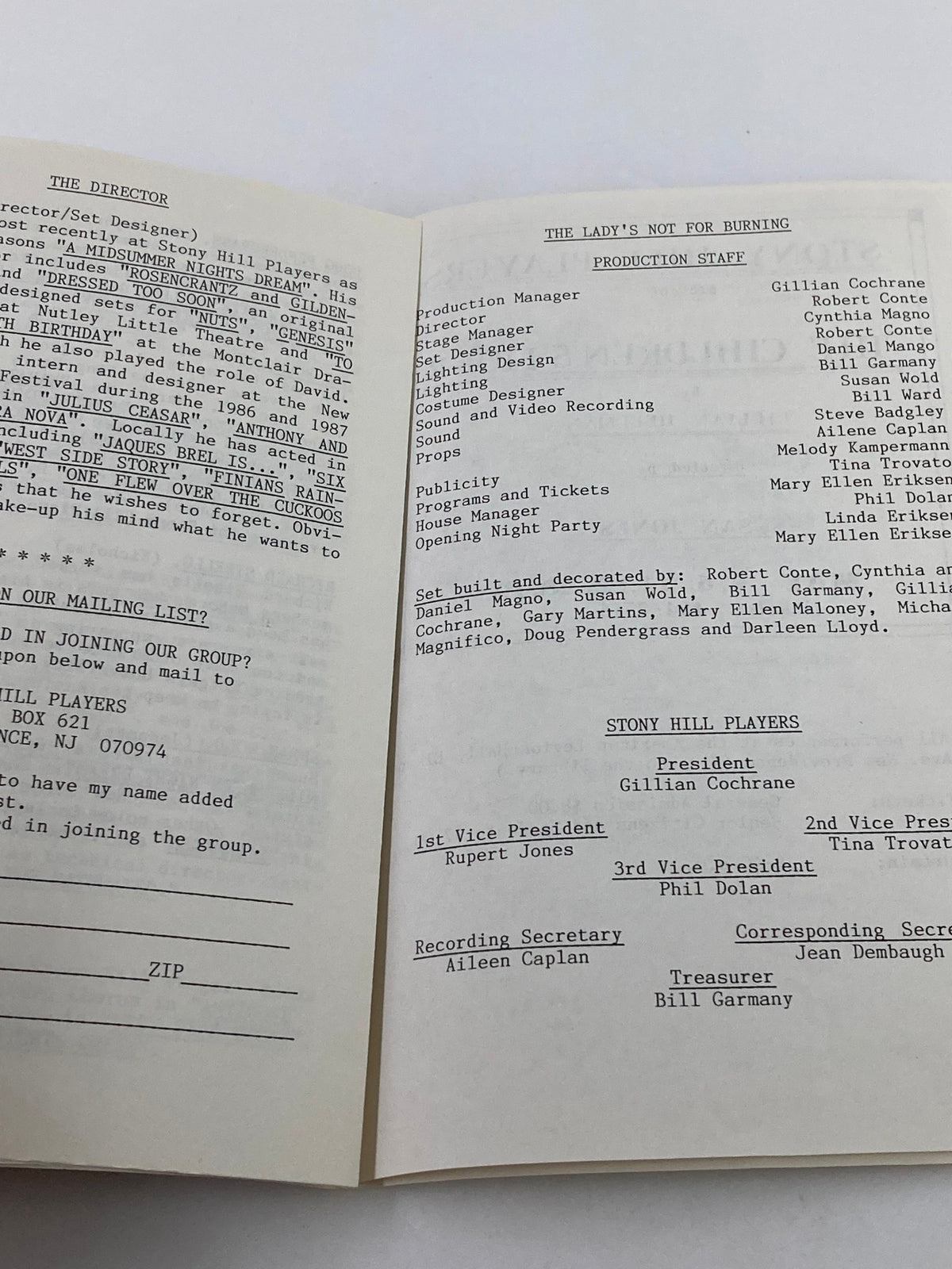 Program page detailing production staff for the 1990 Stony Hill Players presentation of 'The Lady's Not For Burning,' including roles and names.