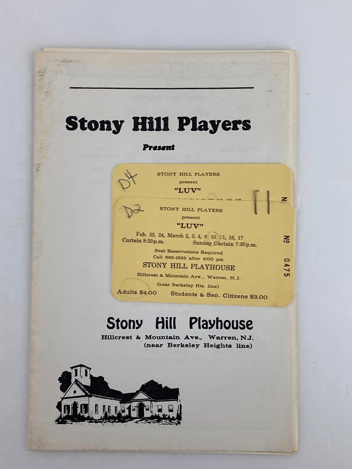 1978-1979 Stony Hill Players Presents Doug Eaton in Luv by Murray Schisgal, featuring the playbill cover with a ticket attached, showcasing the Stony Hill Players logo and details of the performance.