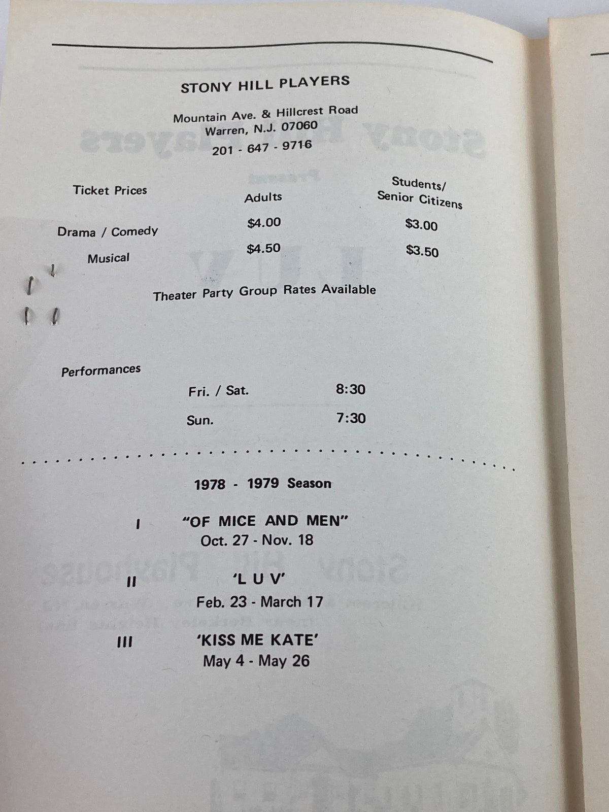 Inside details from the playbill for the 1978-1979 Stony Hill Players Presents Doug Eaton in Luv by Murray Schisgal, listing ticket prices and information about the 1978-1979 season.