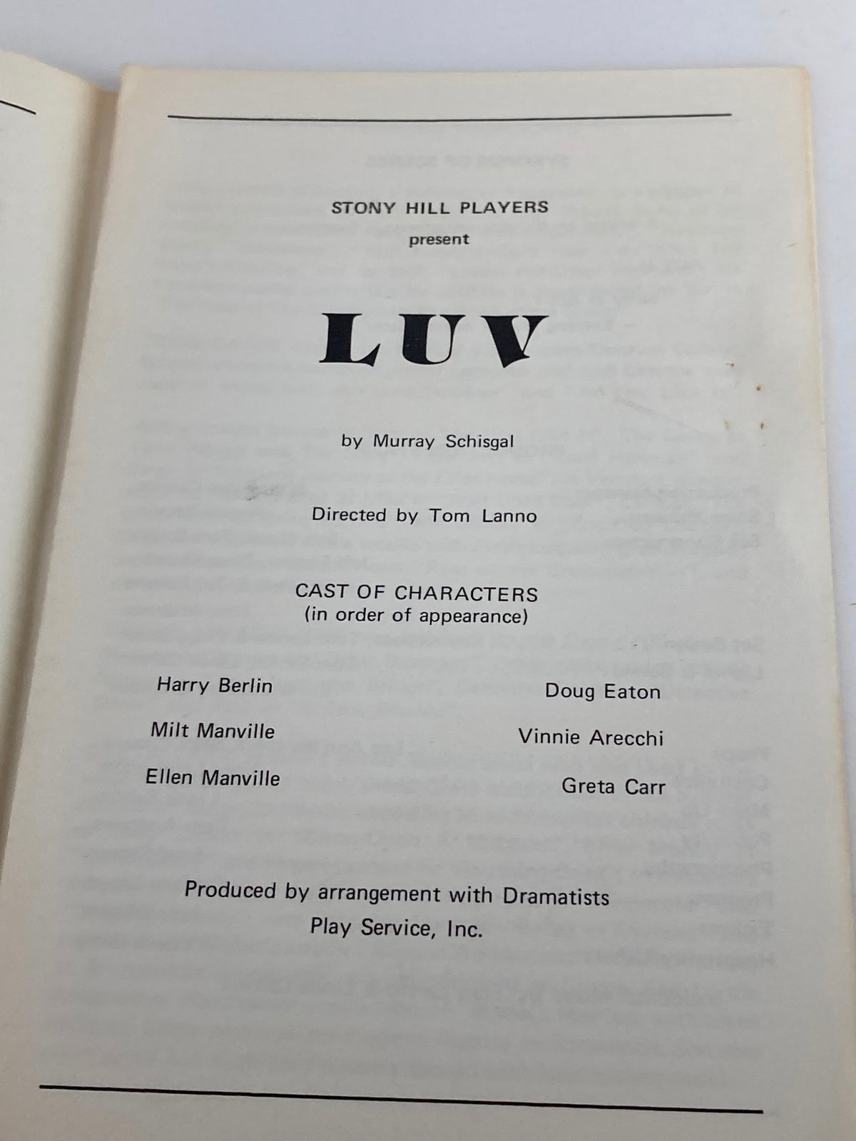 Title page of the script for the 1978-1979 Stony Hill Players Presents Doug Eaton in Luv by Murray Schisgal, featuring the play's name and cast listing.