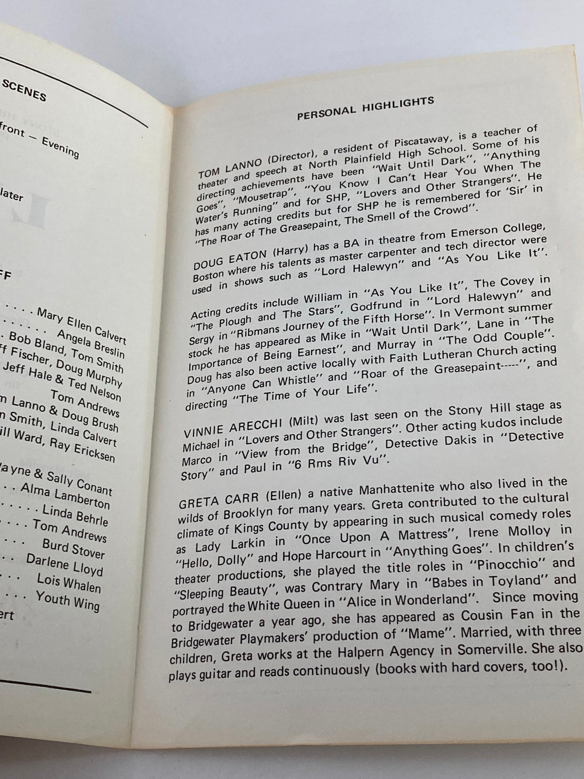 Page from the script of the 1978-1979 Stony Hill Players Presents Doug Eaton in Luv by Murray Schisgal, showcasing personal highlights and cast member backgrounds.