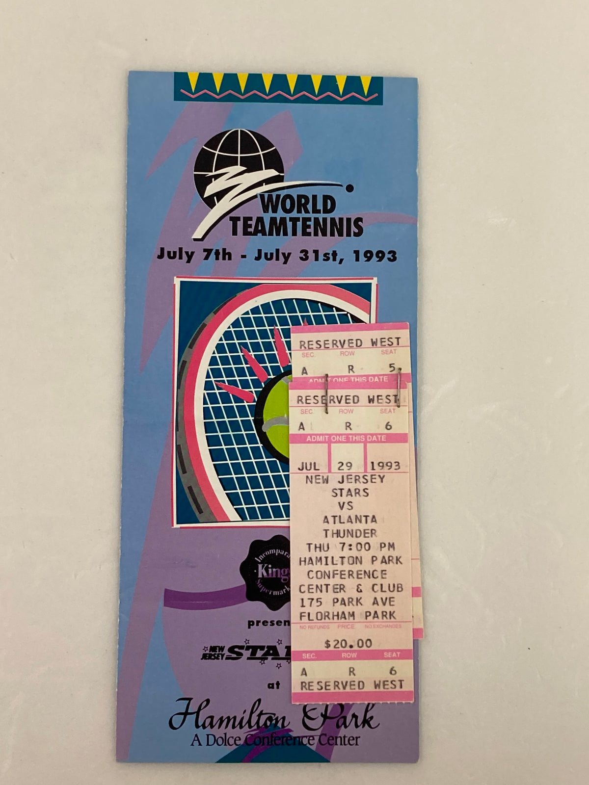 1993 World Teamtennis New Jersey Stars vs Atlanta Thunder ticket at Hamilton Park, featuring event details and payment information.