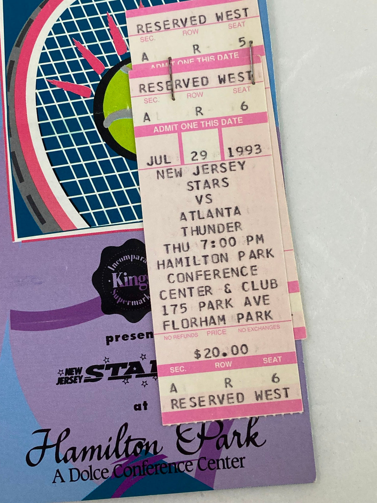 Close-up of the 1993 World Teamtennis New Jersey Stars vs Atlanta Thunder ticket at Hamilton Park, highlighting seating and price details.
