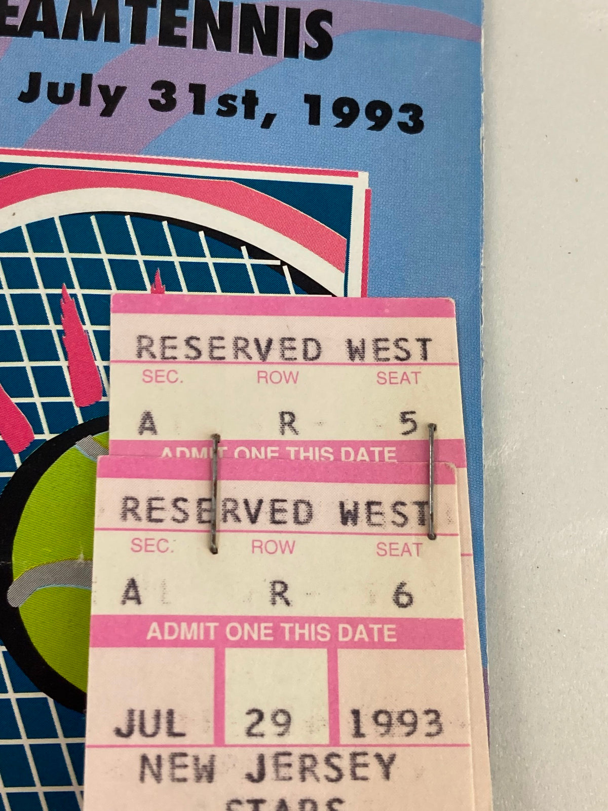 Tickets for the 1993 World Teamtennis match between New Jersey Stars and Atlanta Thunder at Hamilton Park, featuring reserved seating details.