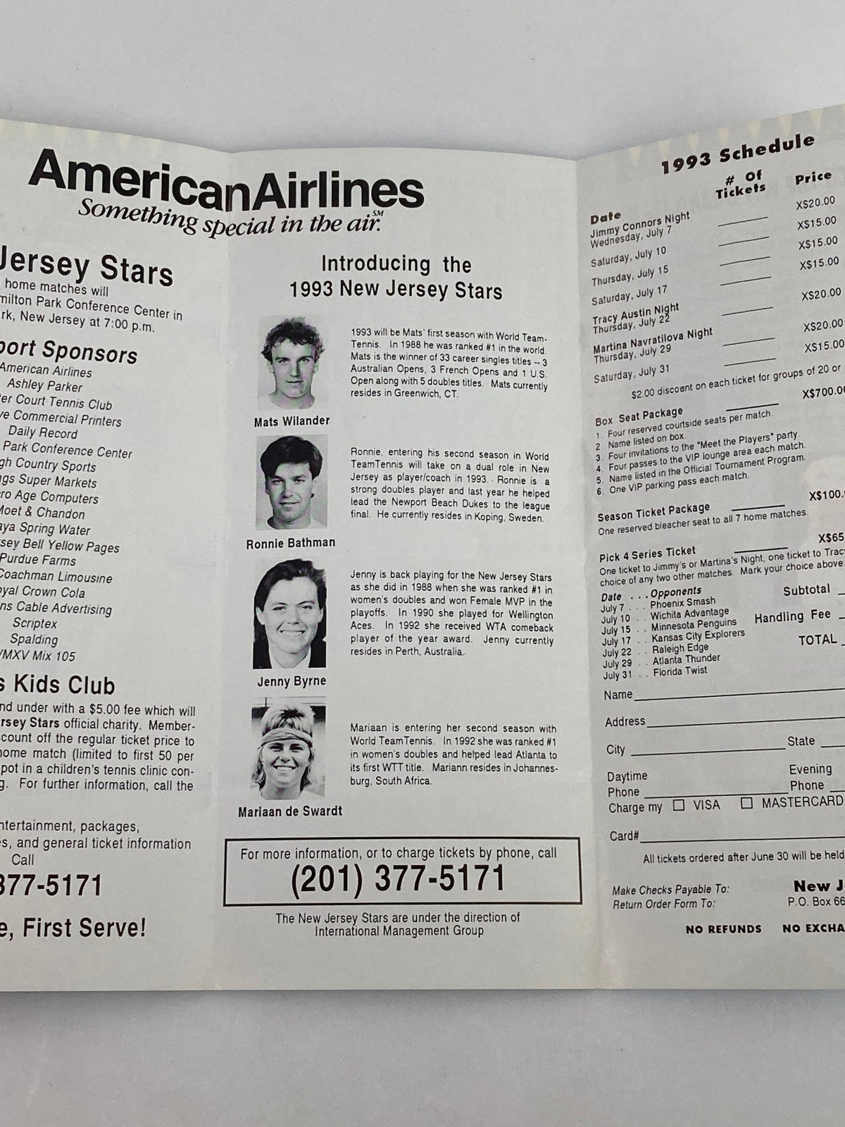 Informational brochure introducing the 1993 New Jersey Stars World Teamtennis players, including Mats Wilander and Ronnie Bafman.