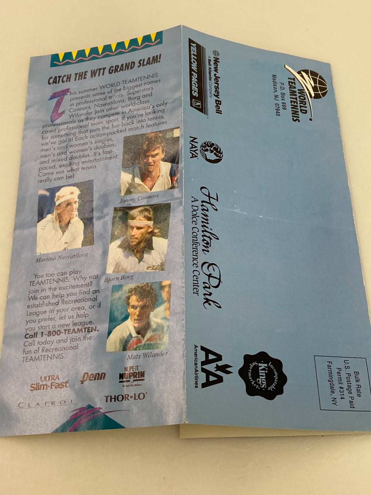 Back cover of promotional material for the 1993 World Teamtennis event at Hamilton Park, highlighting player participation and event details.