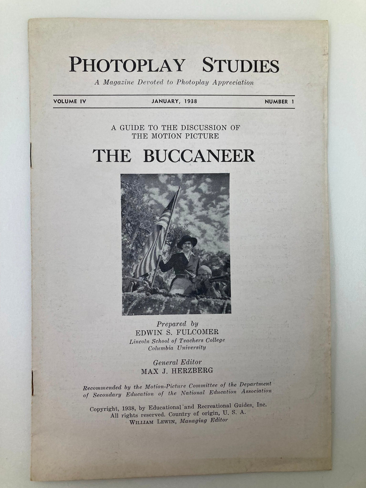 Cover page of the 1938 Photoplay Studies Program titled 'The Buccaneer' by Edwin S. Fulcomer, featuring a discussion guide for the motion picture.