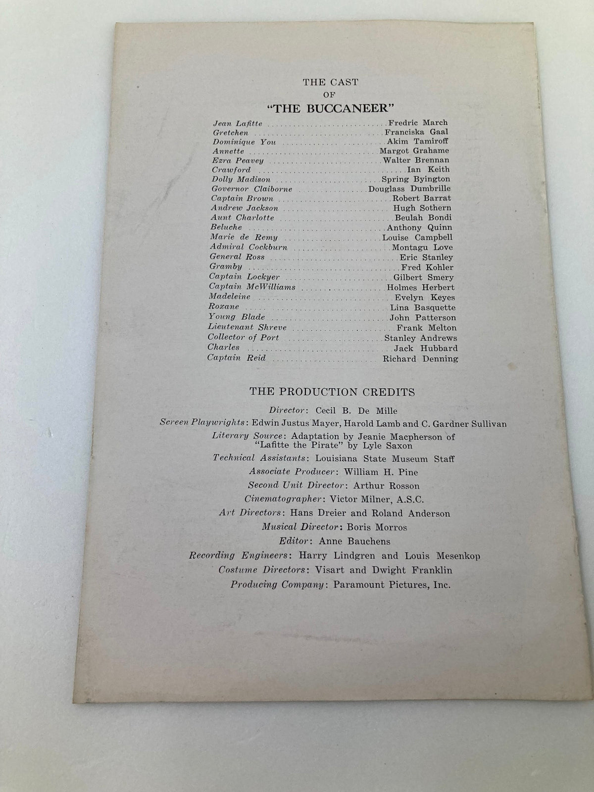 Last page of the 1938 Photoplay Studies Program 'The Buccaneer', listing the cast and production credits for the film directed by Cecil B. De Mille.