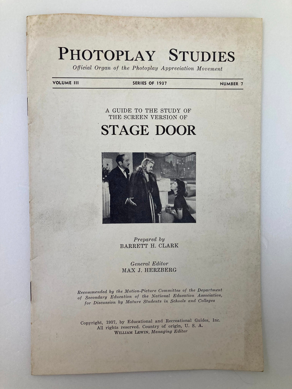 Cover of the 1937 Photoplay Studies Program Volume 3 #7 titled 'Stage Door' by Barbeth H. Clark, showcasing a black and white photograph from the theatrical performance.