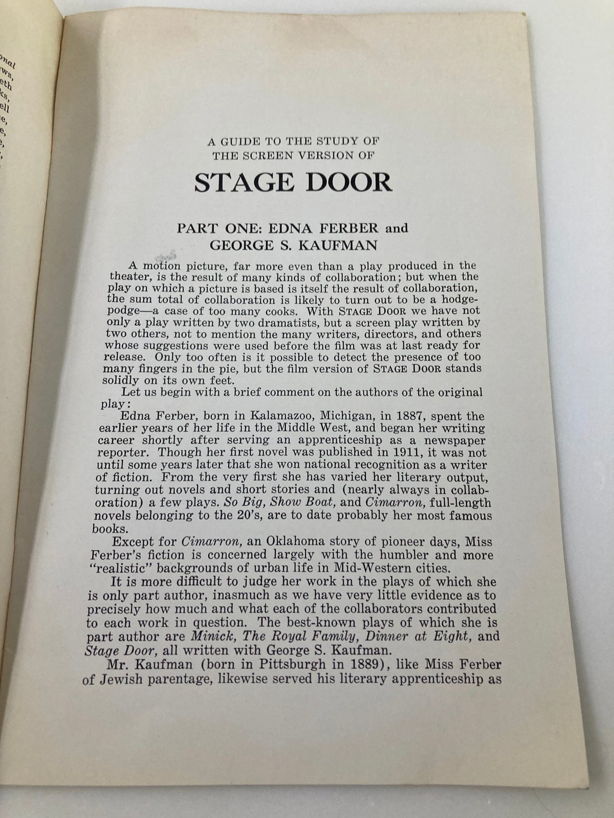Interior page from the 1937 Photoplay Studies Program Volume 3 #7, providing insights into the screen version of 'Stage Door' by Barbeth H. Clark, discussing authors Edna Ferber and George S. Kaufman.