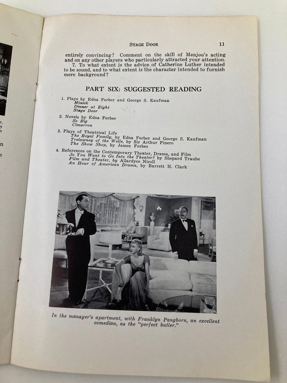 Interior page of the 1937 Photoplay Studies Program Vol 3 #7 Stage Door by Barbeth H. Clark, featuring suggested reading and stage references.