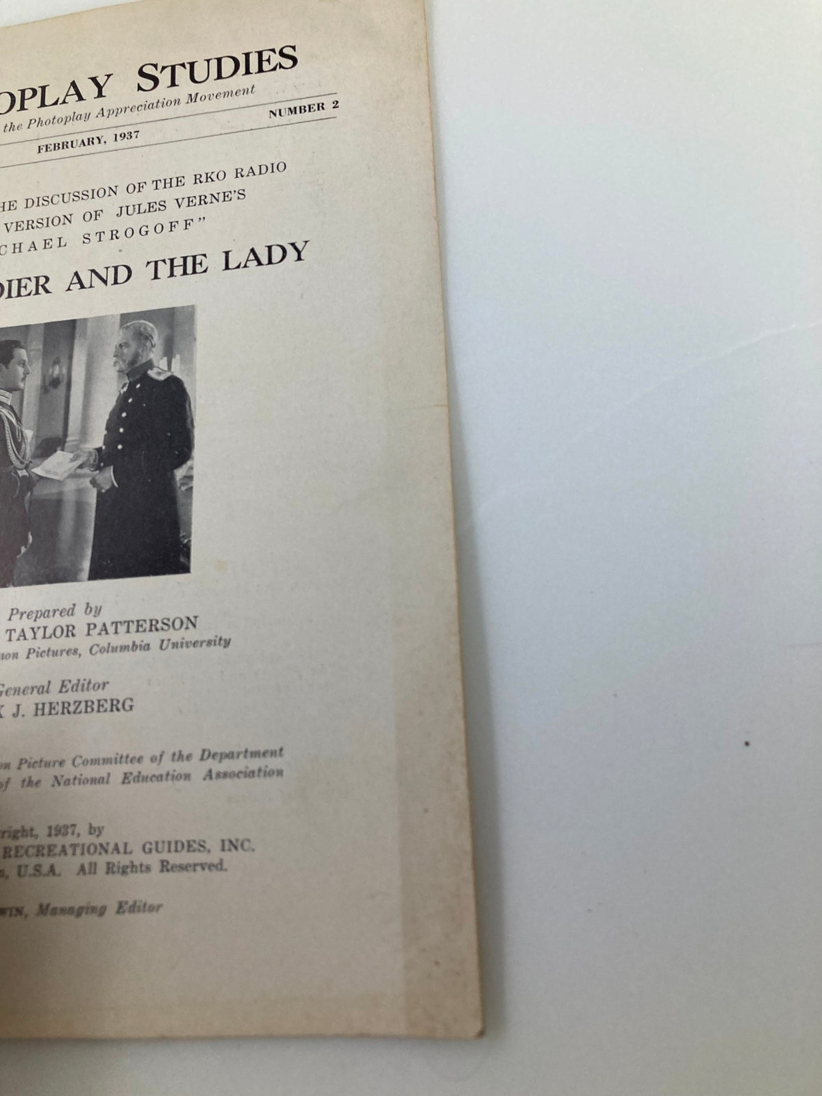 Side view of the 1937 Photoplay Studies Program Vol 3 #2: The Soldier and The Lady showcasing the publication's title and cover details