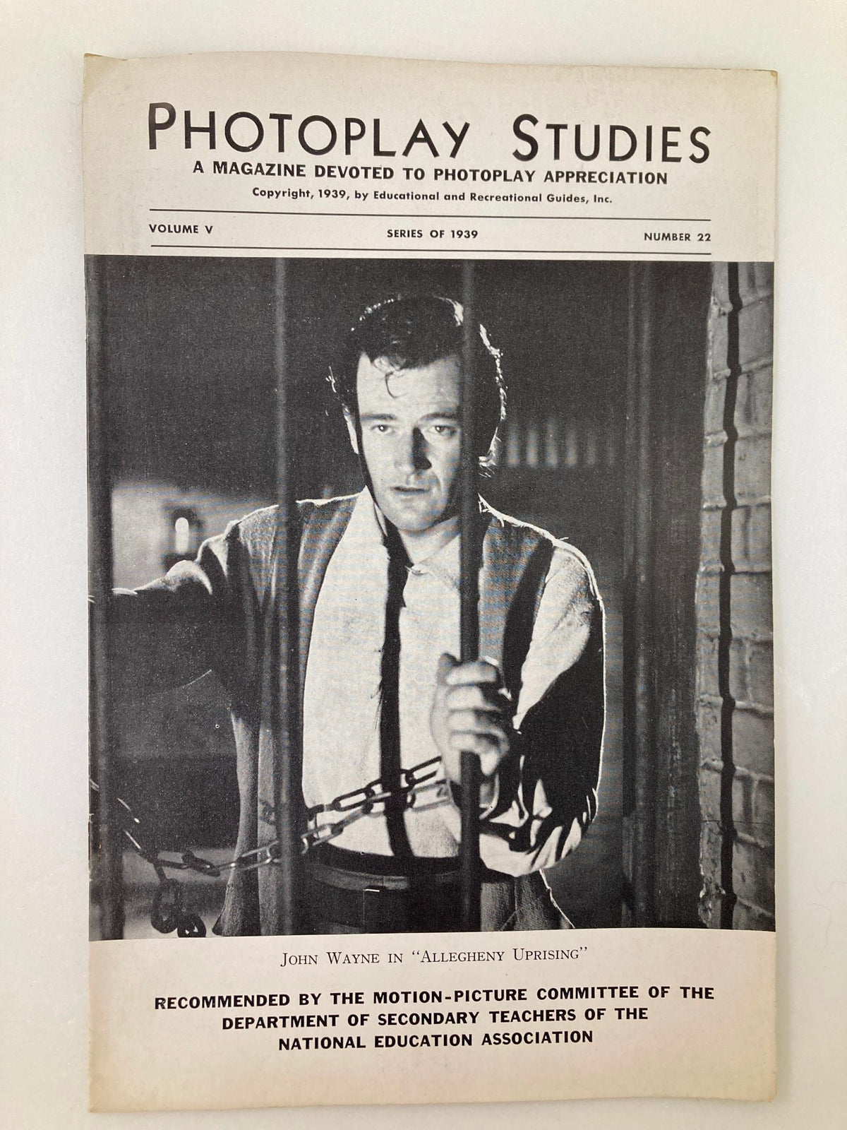 Cover of the 1939 Photoplay Studies Program Vol 5 #22 featuring John Wayne in Allegheny Uprising, showcasing classic vintage magazine design and prominent film history.