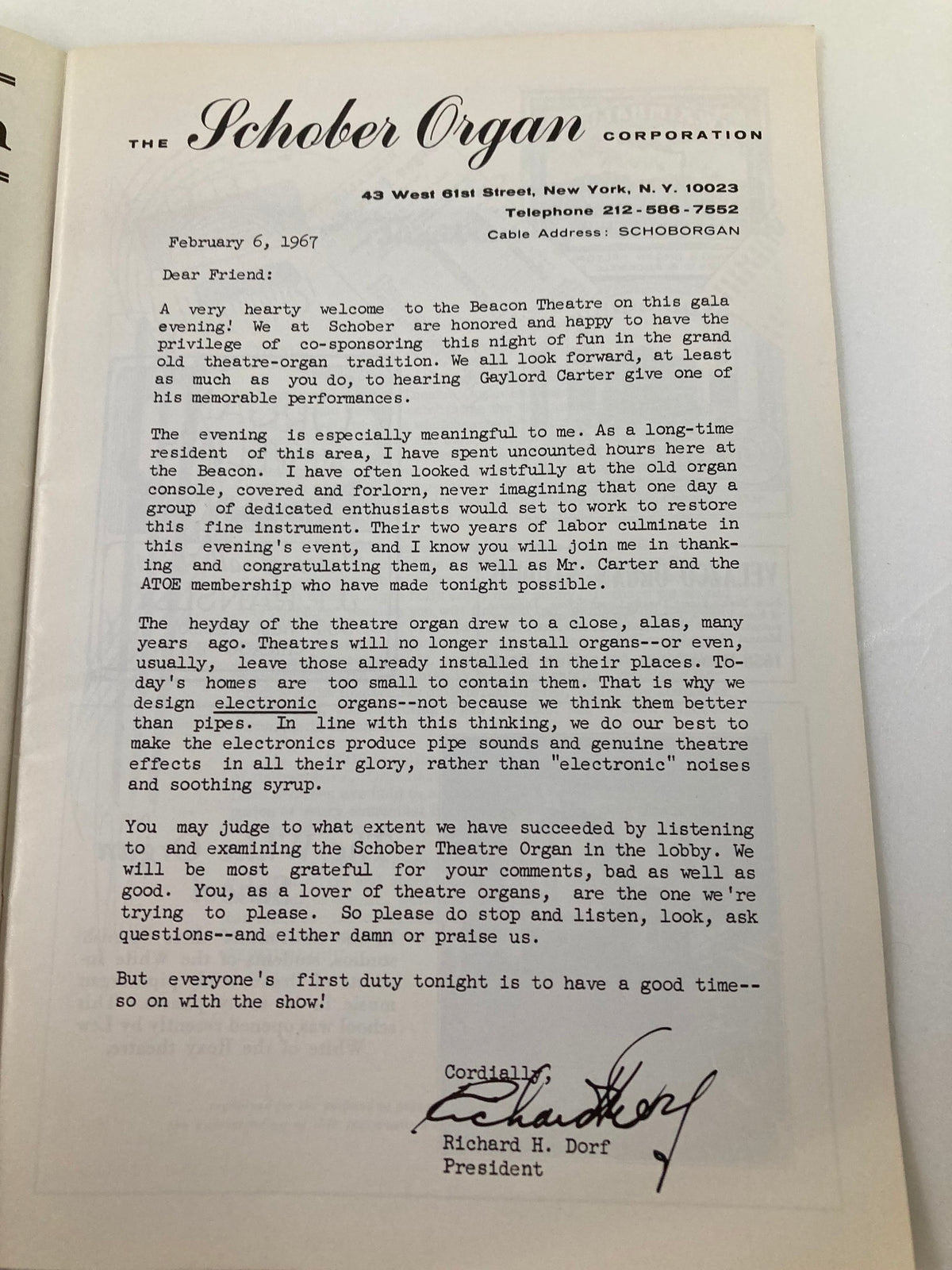 Letter from the Schober Organ Corporation dated February 6, 1967, welcoming attendees to the Theatre Organ Festival and discussing the importance of theatre organs.