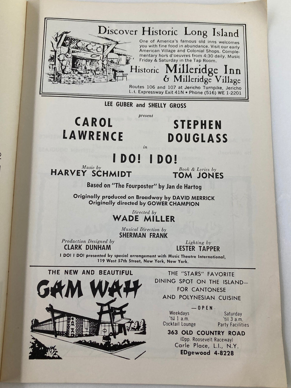 Inside page of the 1968 Westbury Music Fair program listing cast and crew for I Do! I Do!, highlighting Carol Lawrence and Stephen Douglass.