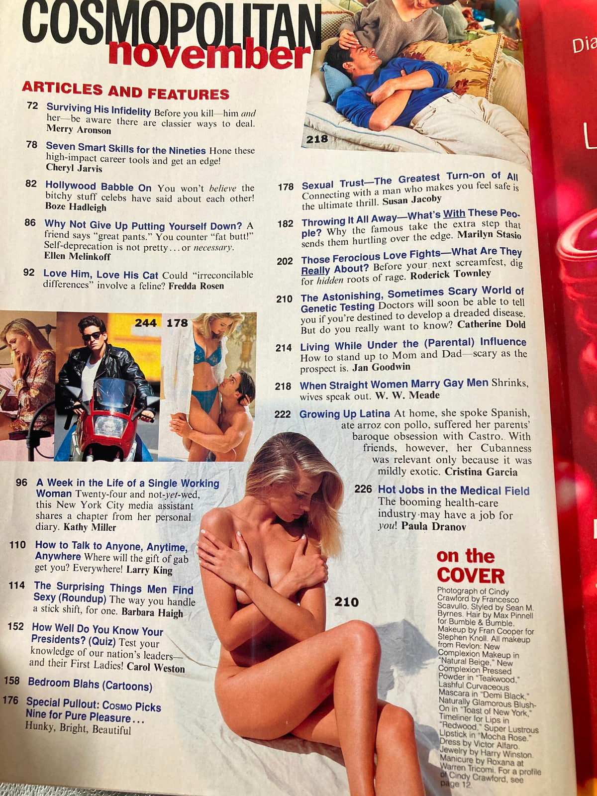 Table of contents page from Cosmopolitan Magazine November 1994, listing articles and features including a focus on dating and relationships.
