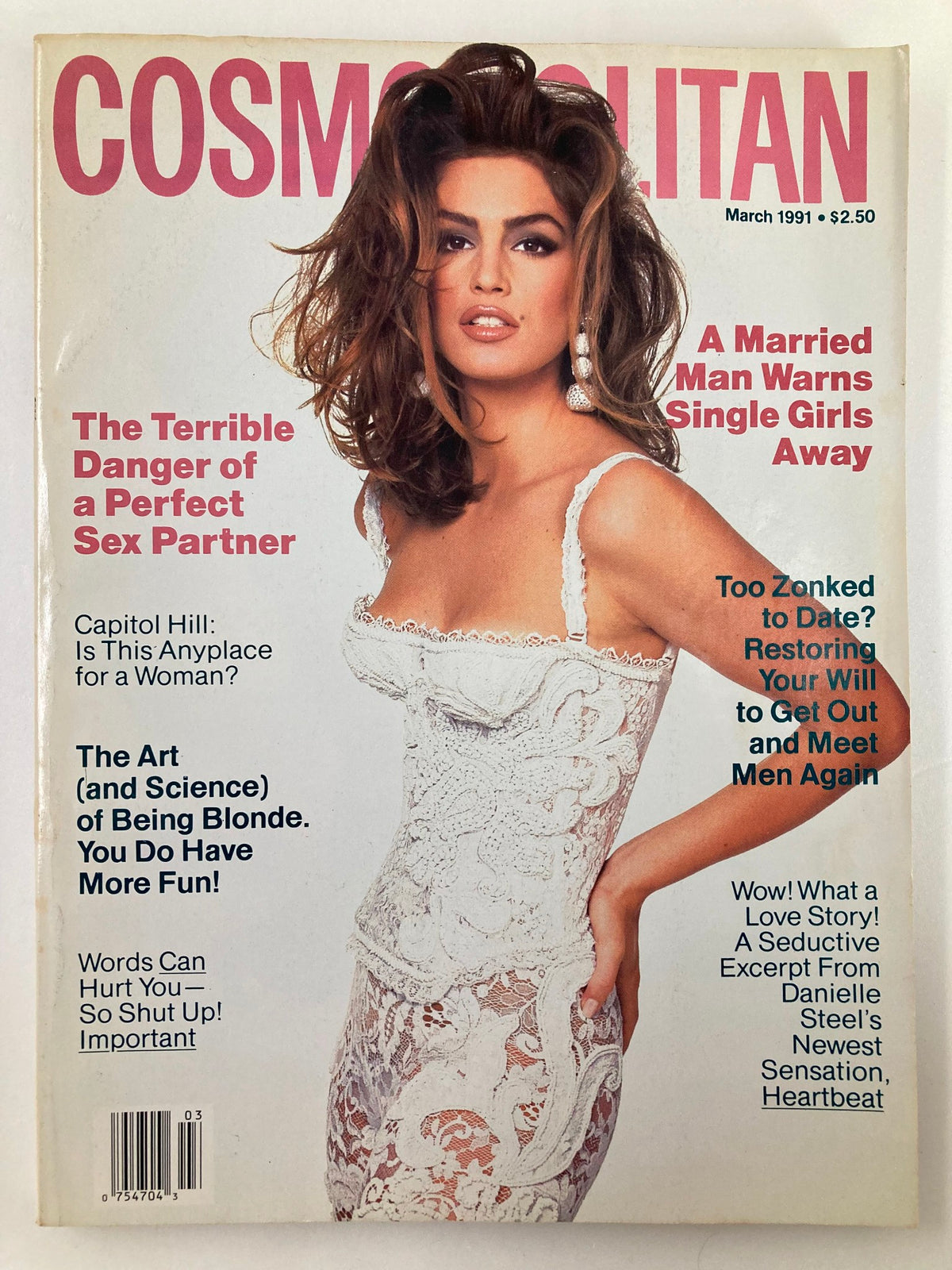 Cover of Cosmopolitan Magazine March 1991 featuring Cindy Crawford, showcasing her iconic look and bold fashion. The magazine highlights articles on relationships and beauty tips.