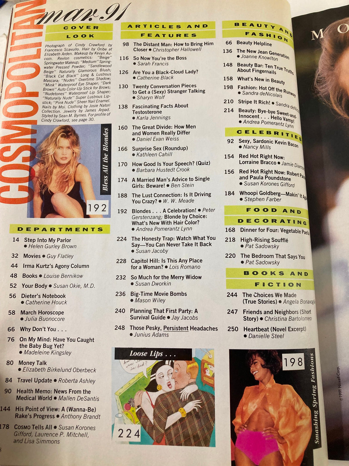 Interior page of Cosmopolitan Magazine March 1991, including a table of contents listing articles and features, with a focus on topics like relationships, beauty, and empowerment.