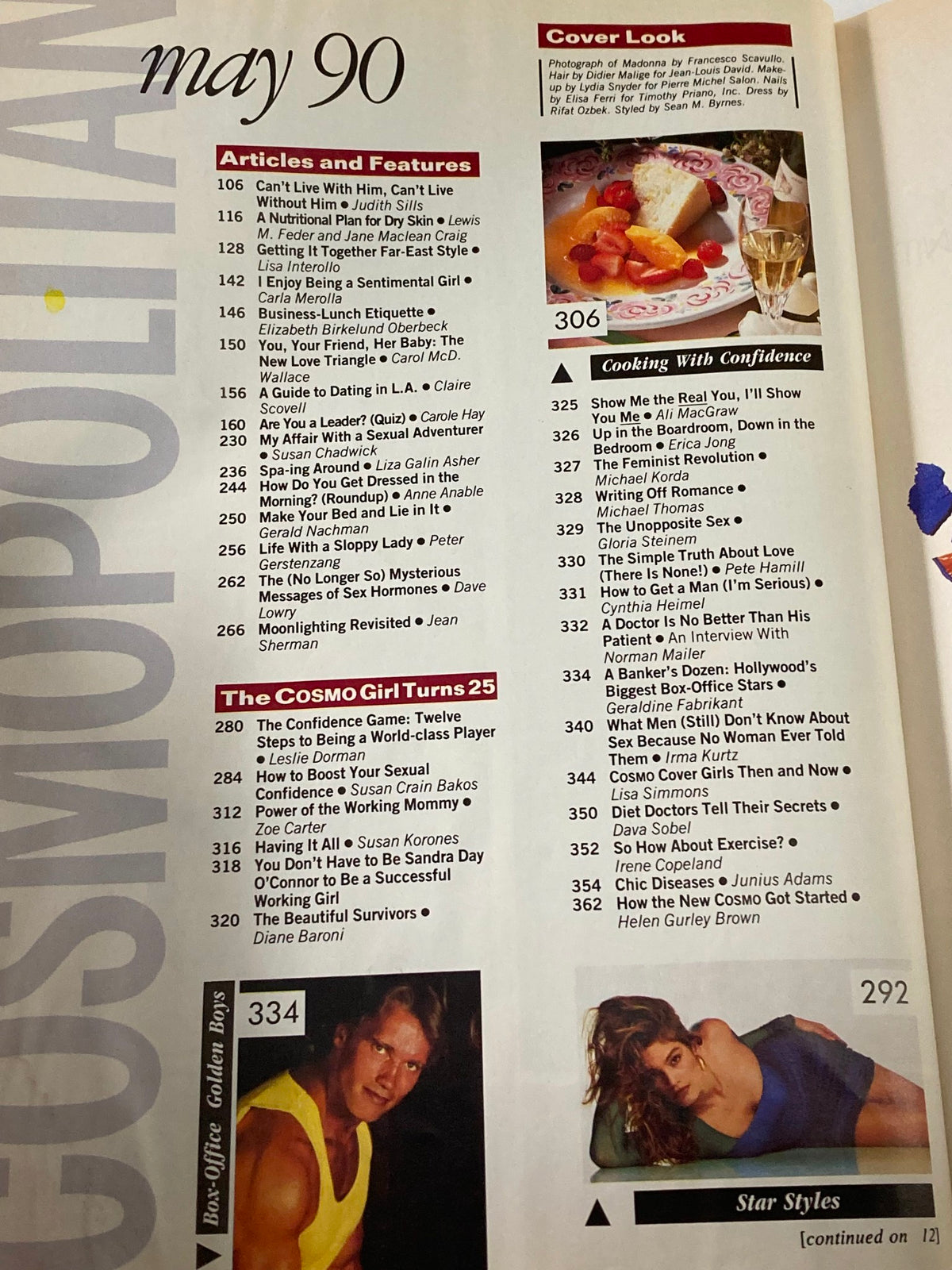 Table of contents from the Cosmopolitan Magazine May 1990 featuring articles and features related to lifestyle, relationships, and empowerment, highlighting the era's cultural significance with Madonna on the cover.