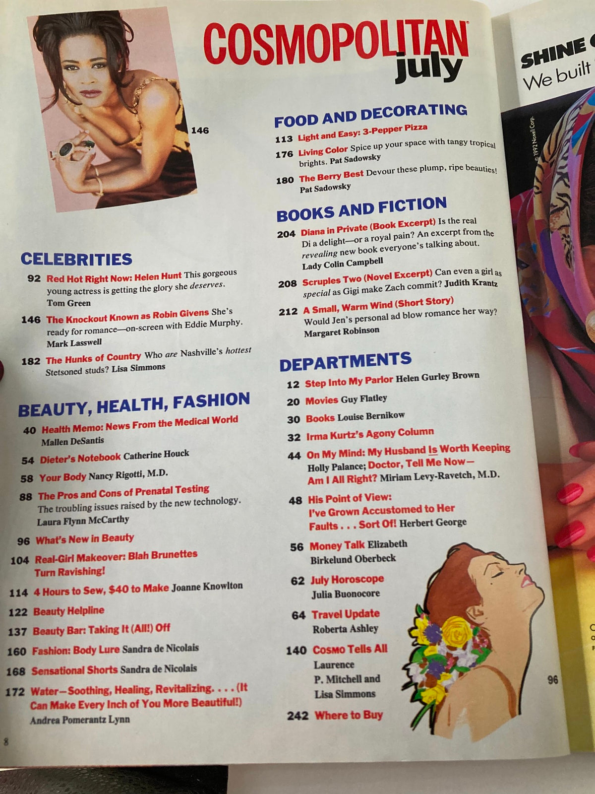 Interior page of VTG Cosmopolitan Magazine July 1992, displaying the table of contents with featured celebrities and articles, including Judith Krantz's Scruples Two and health, beauty, and fashion sections.