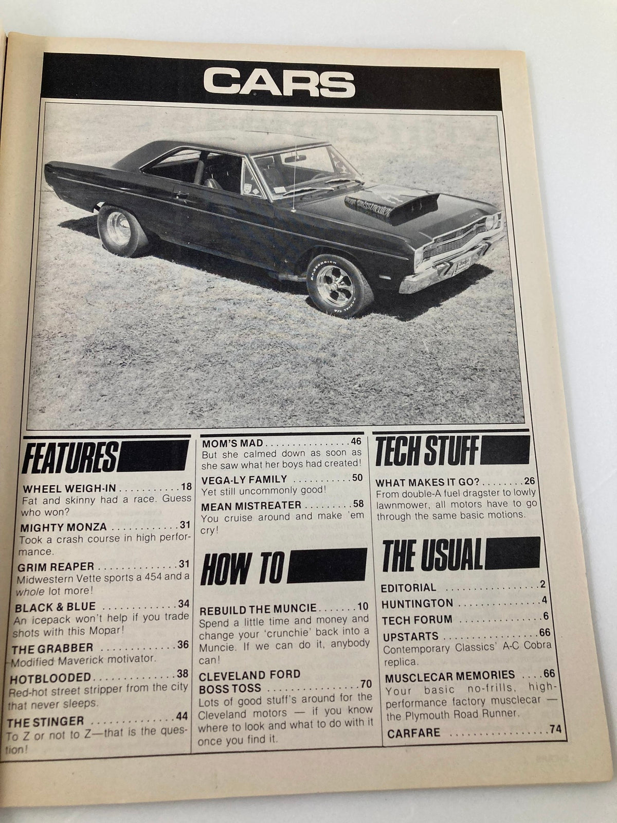 Cover page of Vintage Cars Magazine June 1982 showcasing a classic car with features listed including wheel weigh-in, how-to rebuild the Muncie, and tech tips on Cleveland Ford motors.