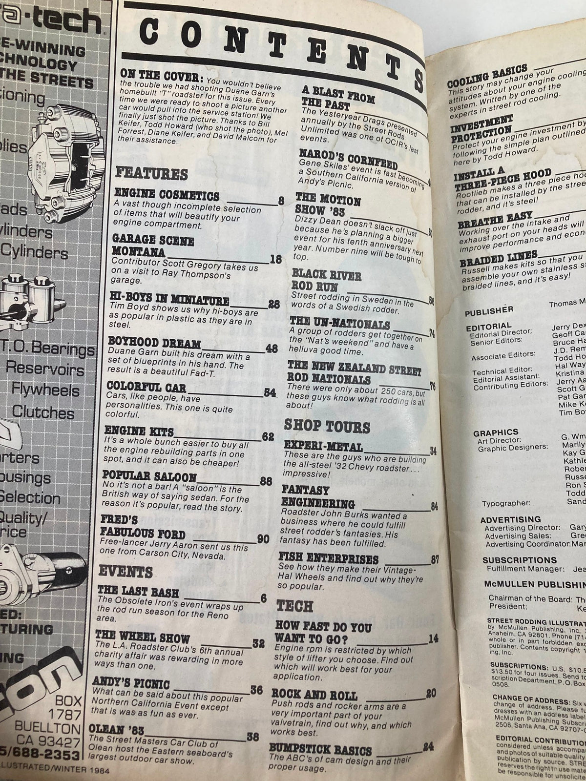 Table of contents from VTG Street Rodding Illustrated Winter 1984, Issue #14 featuring various articles related to automotive features, events, and shop tips.