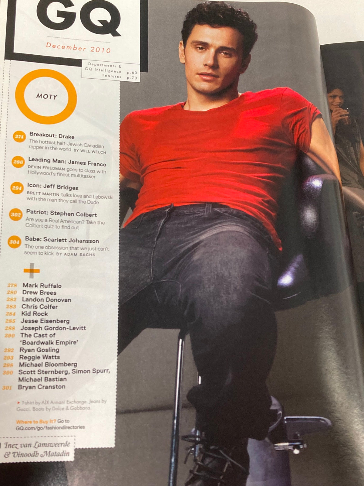 GQ Magazine December 2010 featuring James Franco on the cover in a red shirt, showcasing the 'Icon of the Year' title for Jeff Bridges.